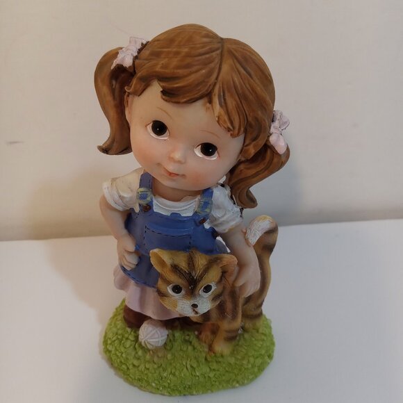 Tender Times Figurine Little Girl With Cat Blue Pink 4.5" Resin Felt Bottom - Picture 1 of 7